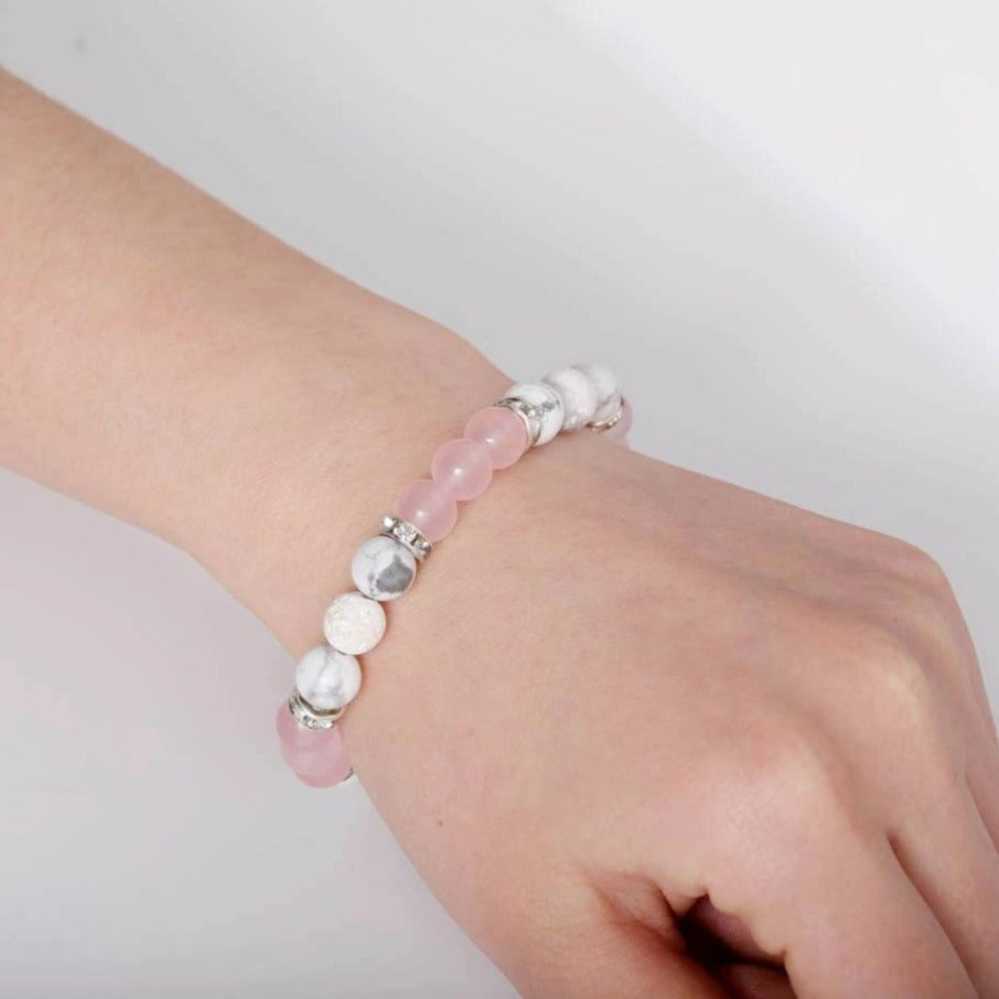 Bracelet En Perles De Quartz Rose Et Howlite Blanche