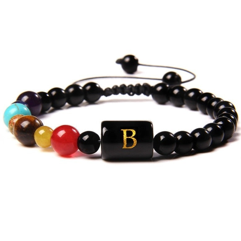 Bracelet Avec 7 Chakras Et Initial Parker,  bracelet 7 chakras onyx
