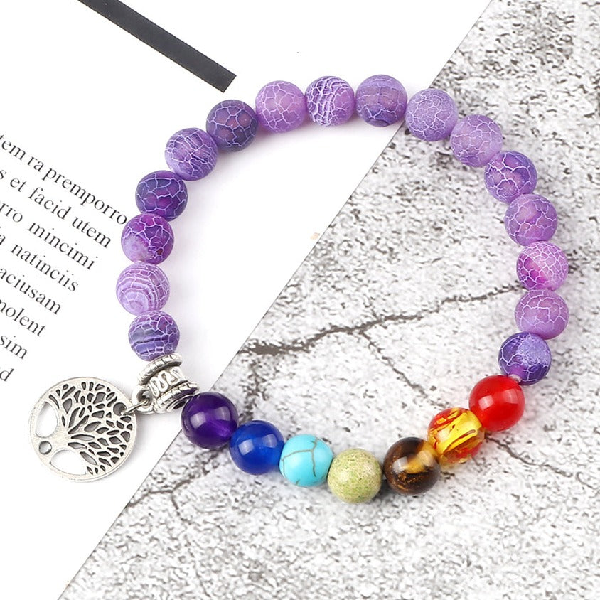 Bracelet 7 Chakras Avec Arbre De Vie Violet (Argent), bracelet 7 chakras femme