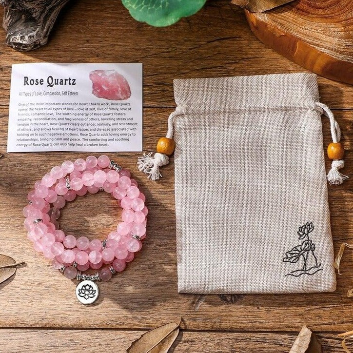 Bracelet Mala Tibétain Quartz Rose Lotus