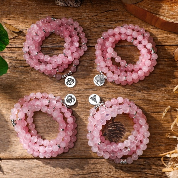 Bracelet Mala Tibétain Quartz Rose Sanskrit, bracelet 7 chakras