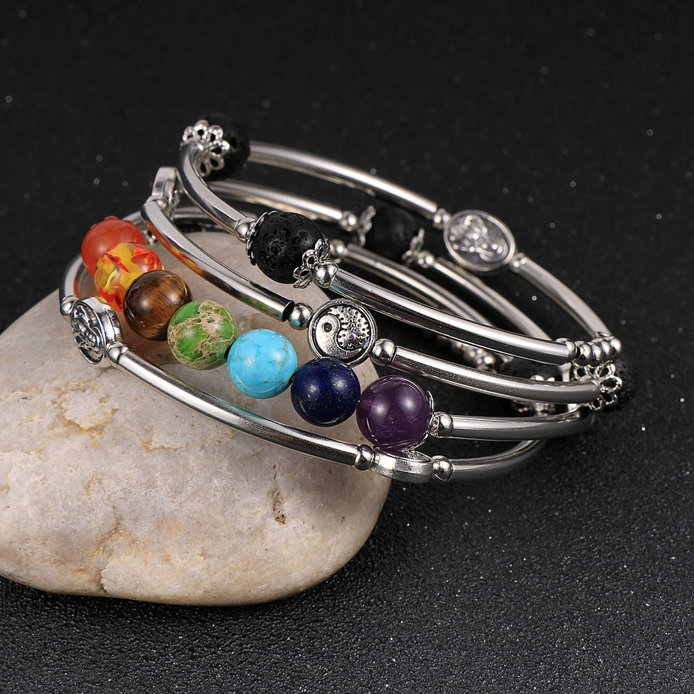 Bracelet 7 Chakras Vraies Pierres Pour Femme Camryn,  bracelet 7 chakras onyx noir