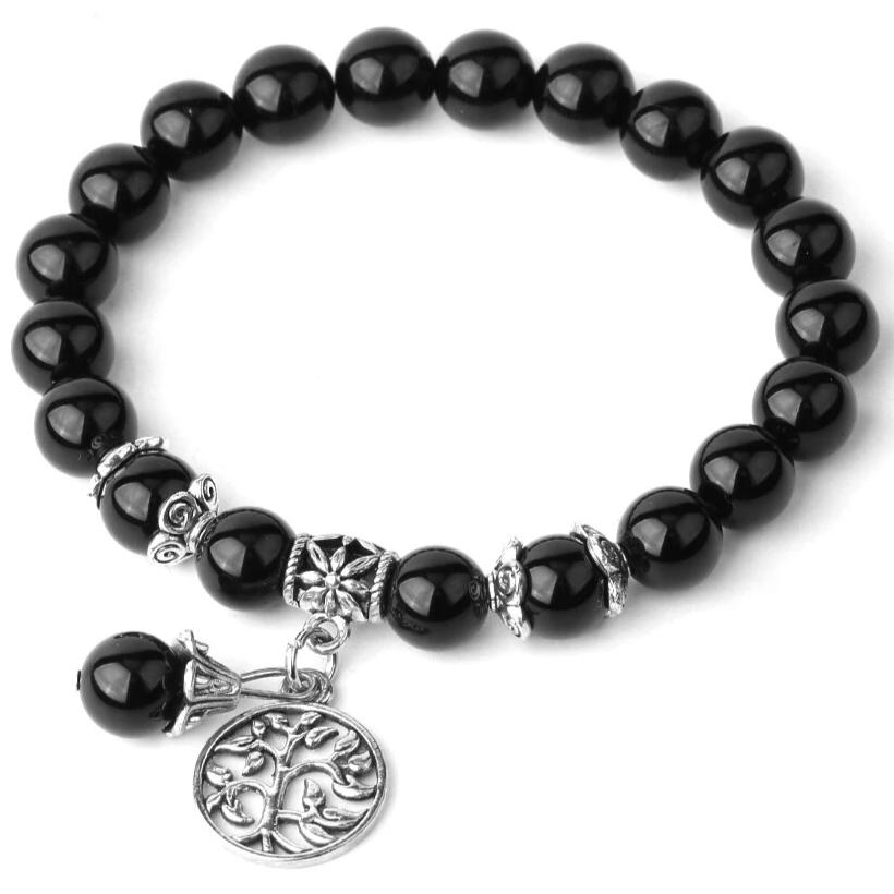 Bracelet En Agate Noire Avec Arbre De Vie