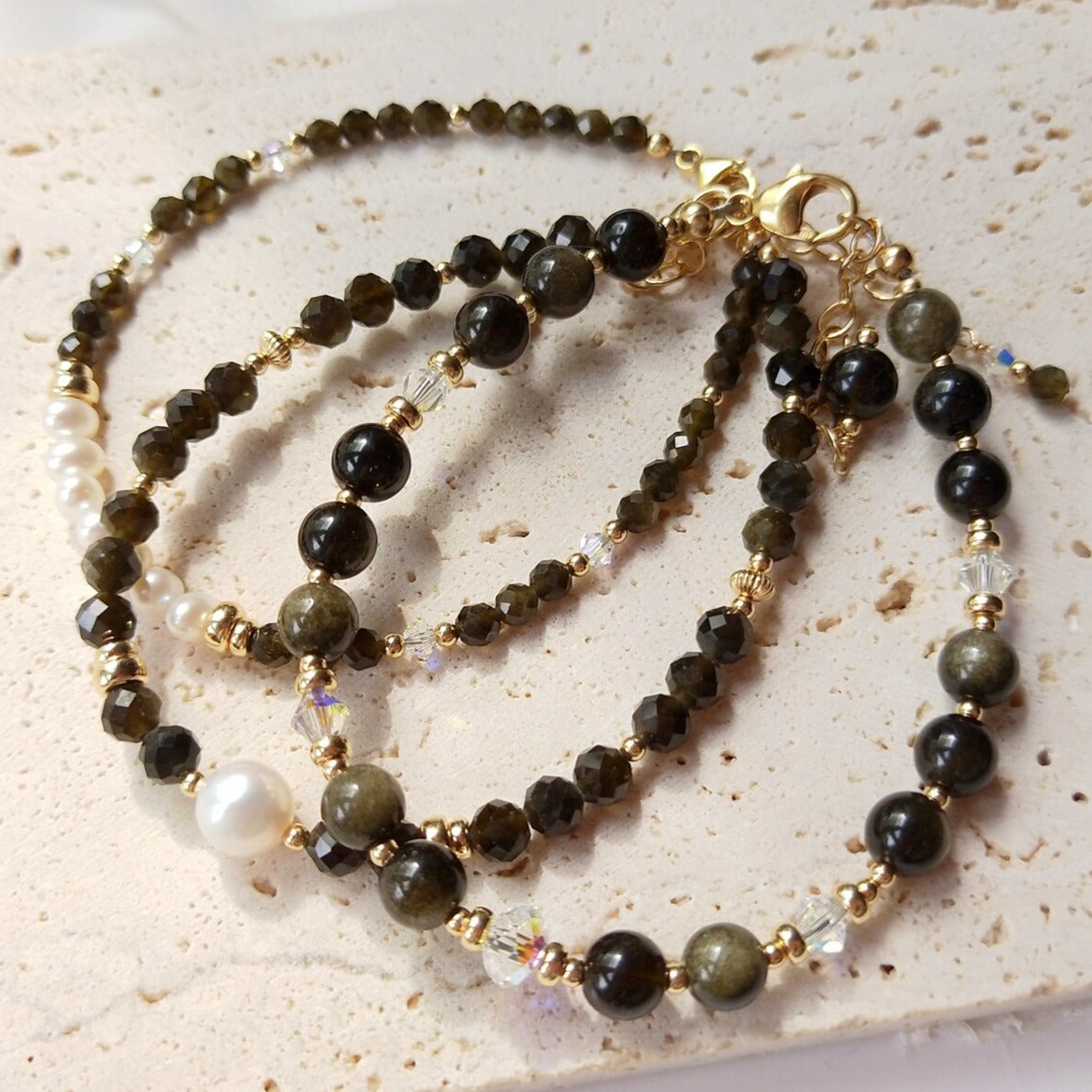 Bracelet Doré En Obsidienne