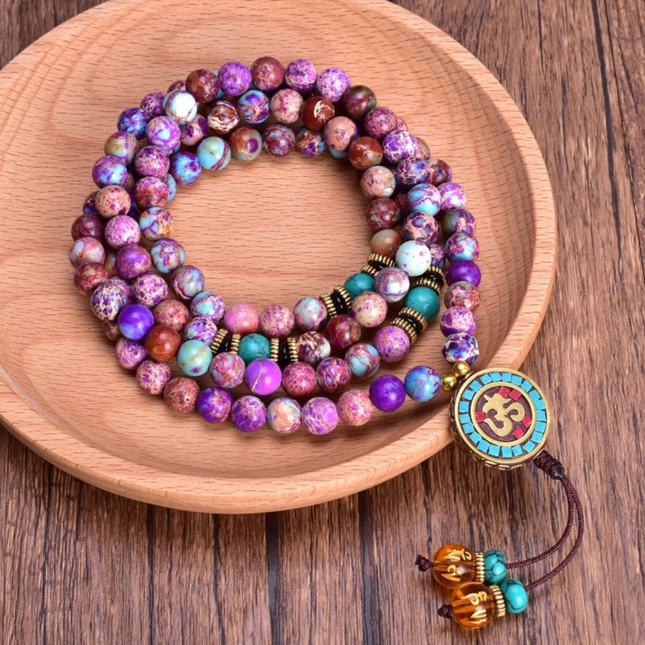  Bracelet Mala de Méditation en Jaspe Violet, bracelet mala 108 perles