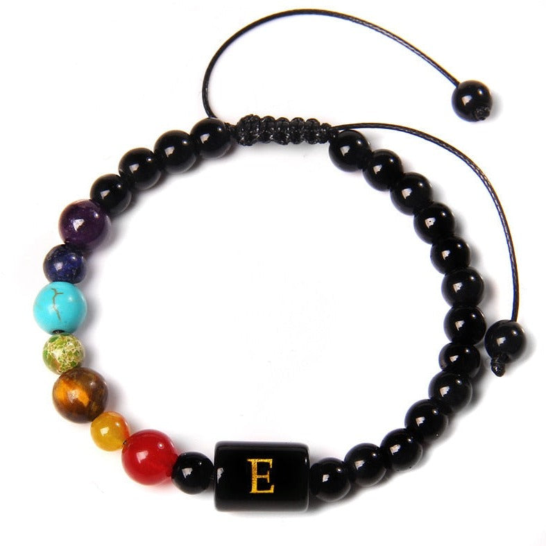 Bracelet Avec 7 Chakras Et Initial Catherine,  bracelet 7 chakras oeil de tigre