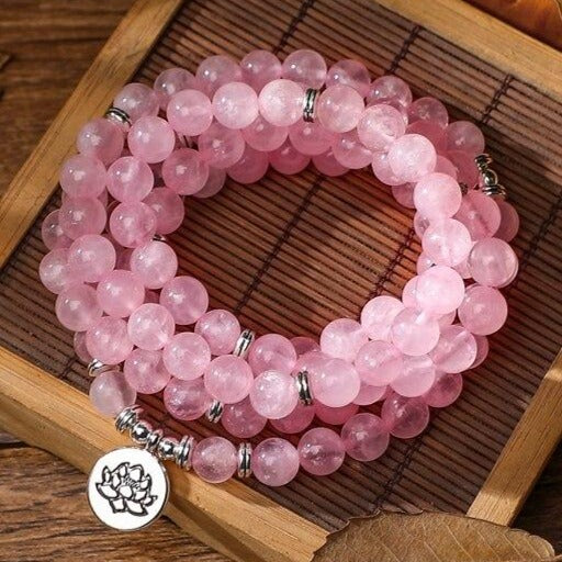 Bracelet Mala Tibétain Quartz Rose Lotus