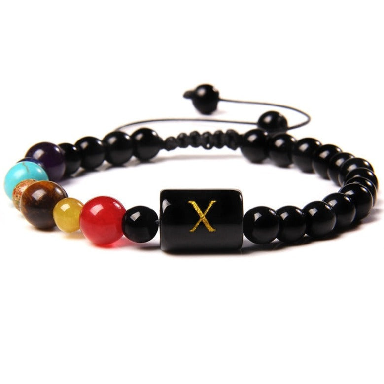 Bracelet Avec 7 Chakras Et Initial Aliza,  bracelet 7 chakras onyx noir