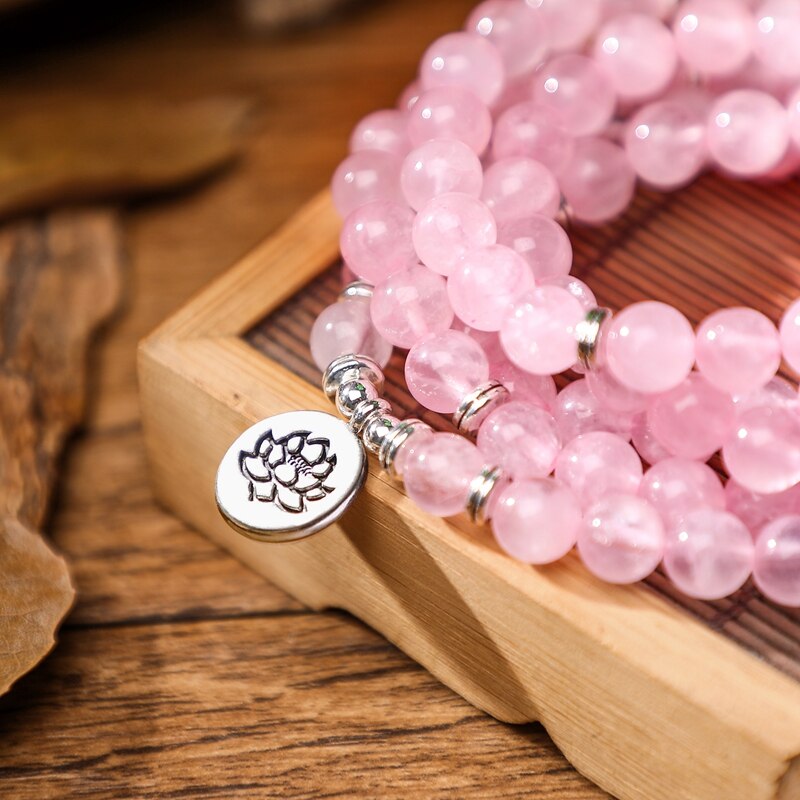 Bracelet Mala Tibétain Quartz Rose Lotus