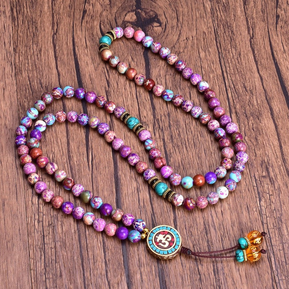  Bracelet Mala de Méditation en Jaspe Violet, bracelet mala triple protection