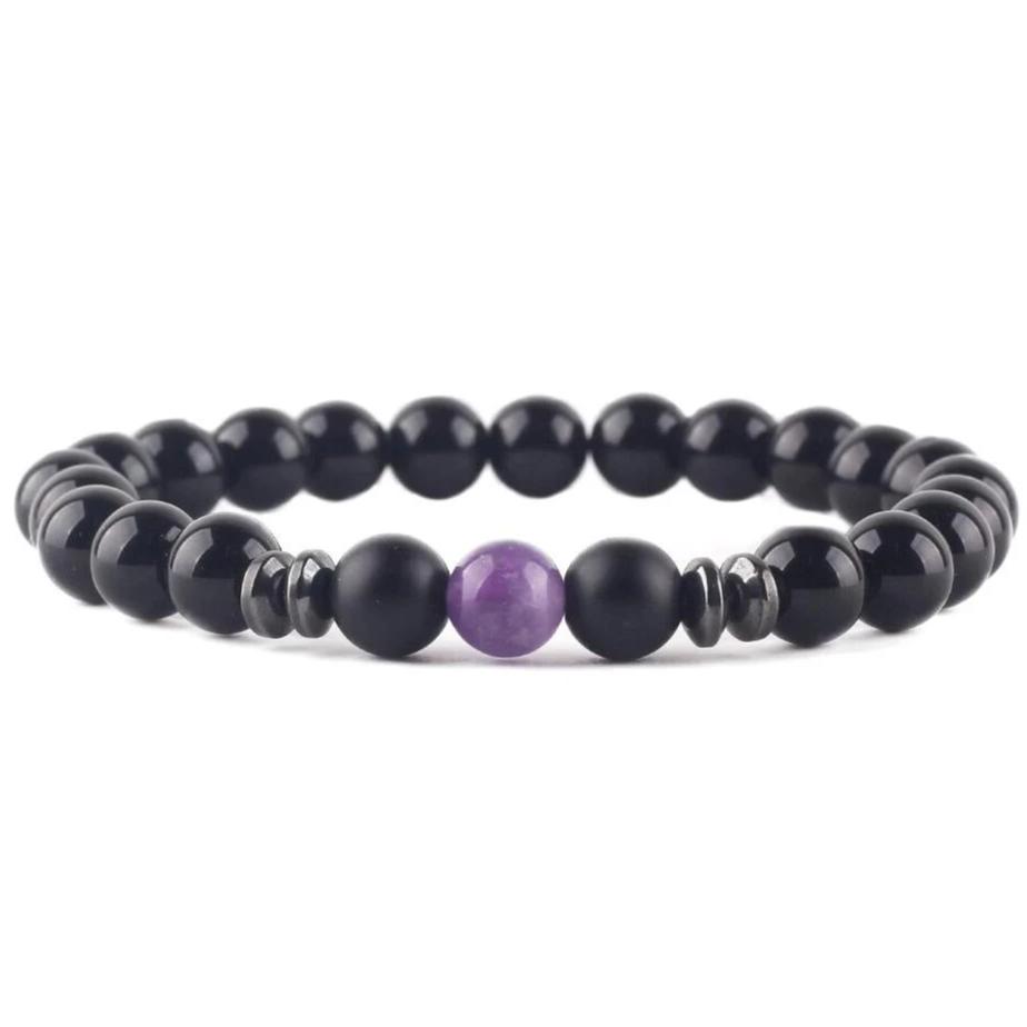 Bracelet Homme Perle Noir Mat améthyste