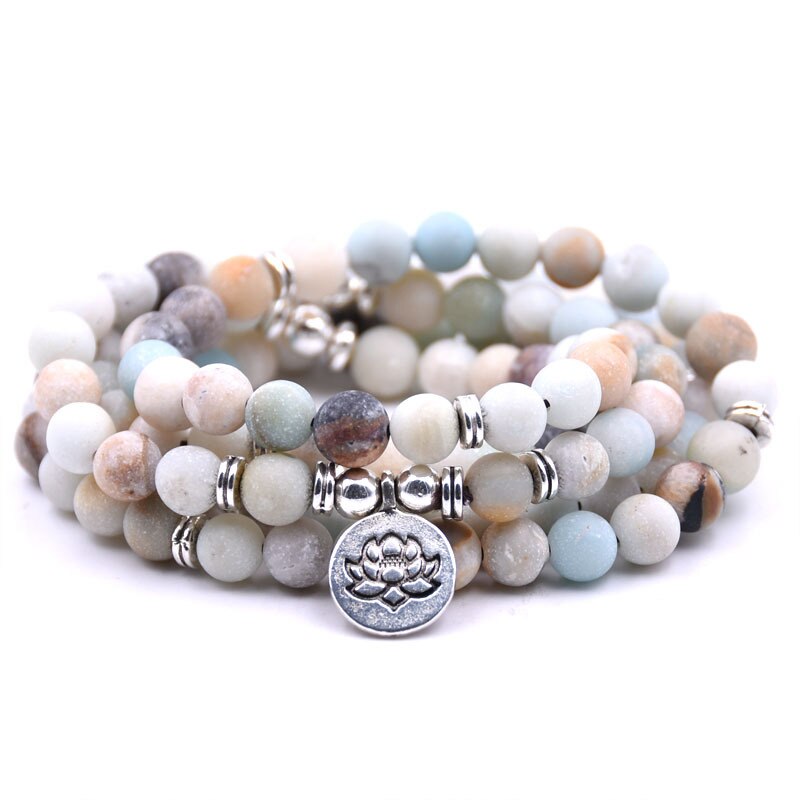Bracelet Mala Lotus De 108 Perles En Amazonite Naturelle