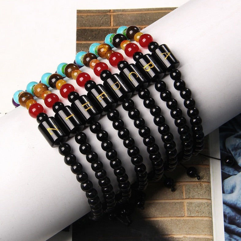 Bracelet Avec 7 Chakras Et Initial Catherine,  bracelet 7 chakras et onyx