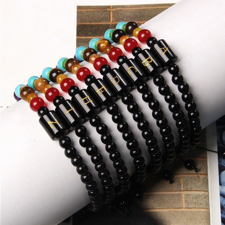 Bracelet Avec 7 Chakras Et Initial Kelsey,  bracelet guérison des 7 chakras en pierres de lave