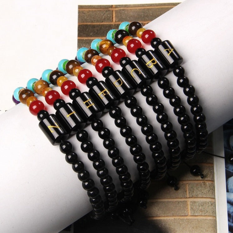 Bracelet Avec 7 Chakras Et Initial Hazel,  bracelet 7 chakras guérison et amour