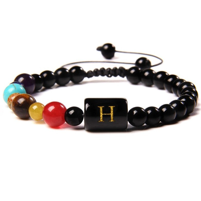 Bracelet Avec 7 Chakras Et Initial Jasmine,  bracelet 7 chakras 6mm