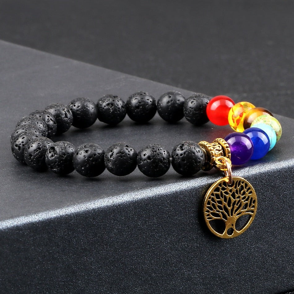 Bracelet 7 Chakras Avec Arbre De Vie Mikaela,  bracelet 7 chakras pierre de lave