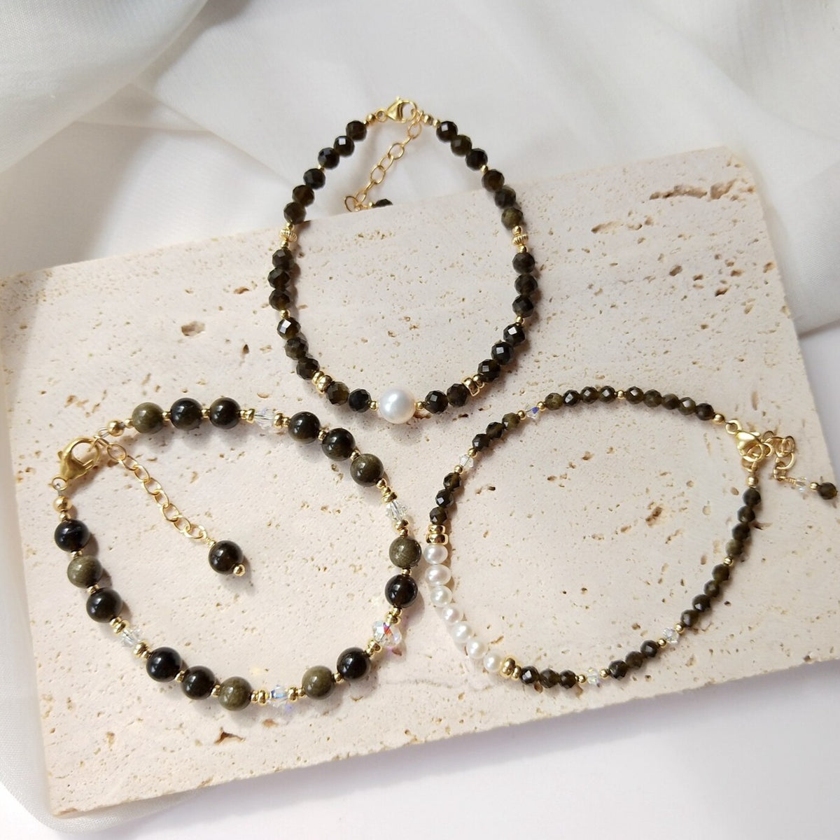 Bracelet Doré En Obsidienne