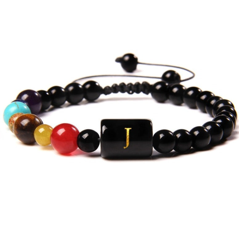 Bracelet Avec 7 Chakras Et Initial Capri,  bracelet 7 chakras oeil de tigre purification