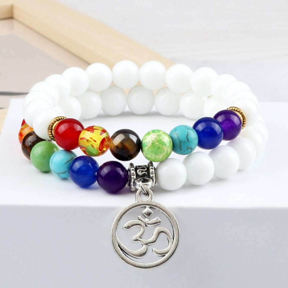Bracelet 7 Chakras Méditation Avec Om Noelle,  bracelet 7 chakras oeil de tigre purification