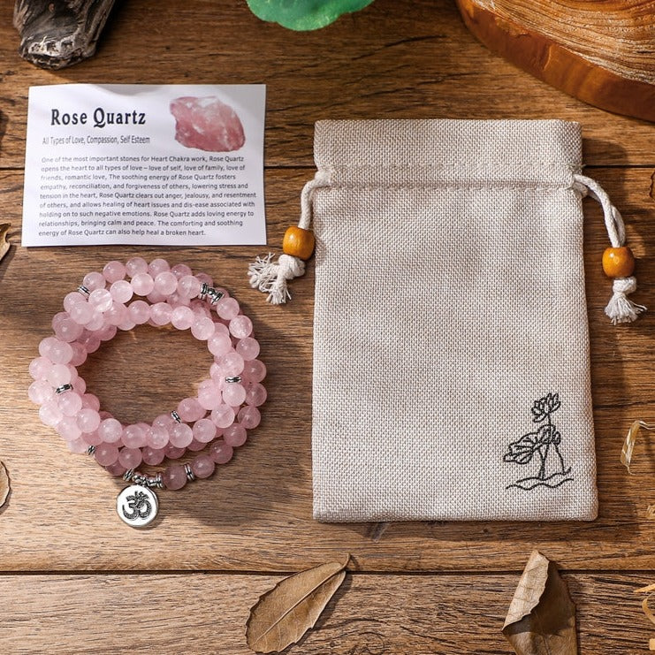 Bracelet Mala Tibétain Quartz Rose Sanskrit, bracelet 108 perles