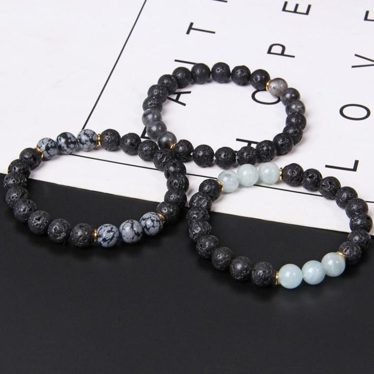 Bracelet Homme En Pierre Aquamarine et Pierre De Lave