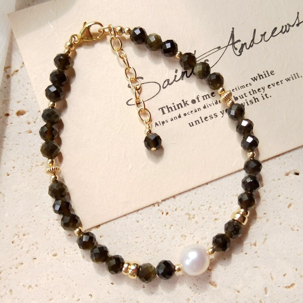Bracelet En Or Et Perles D'Obsidienne Noire