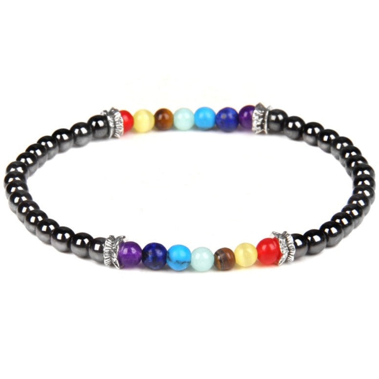 Bracelet Fin 7 Chakras En Perles Naturelles Hématite,  bracelet 7 chakras avec arbre de vie