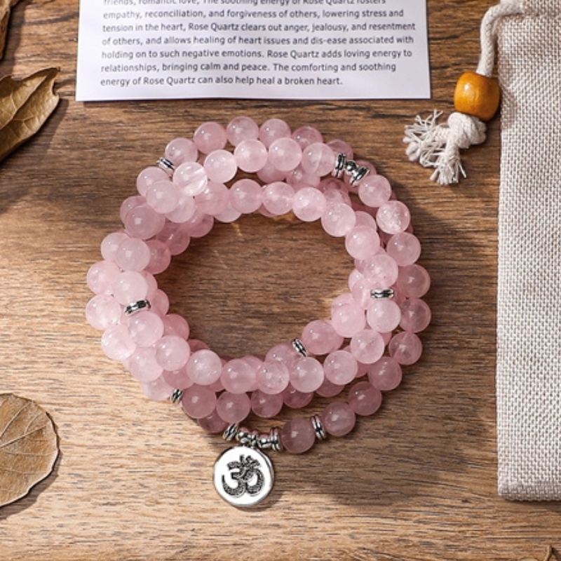 Bracelet Mala Tibétain Quartz Rose Sanskrit