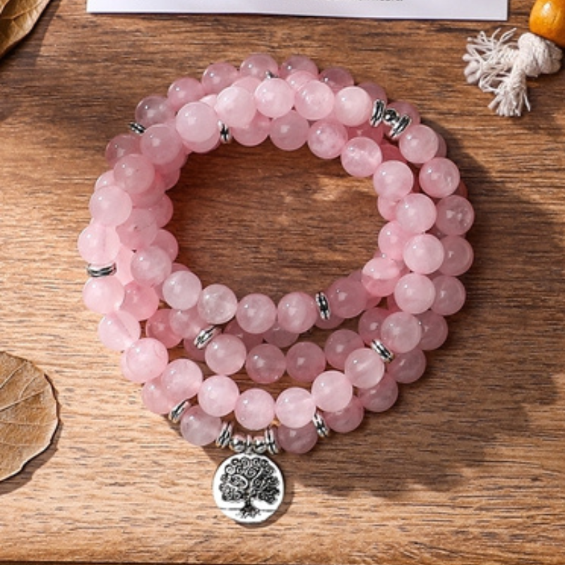 Bracelet Mala Tibétain Quartz Rose Arbre De Vie, bracelet 7 chakra pour femme