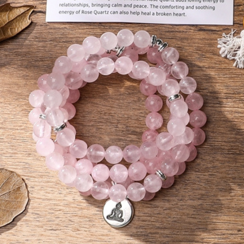Bracelet Mala Tibétain Quartz Rose Bouddha, bracelet protection pour femme en pierres